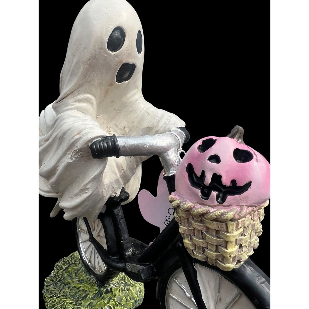 Goblin & Ghoul Halloween Ghost Riding Bike Pink Pumpkin In Basket Figurine 9x9